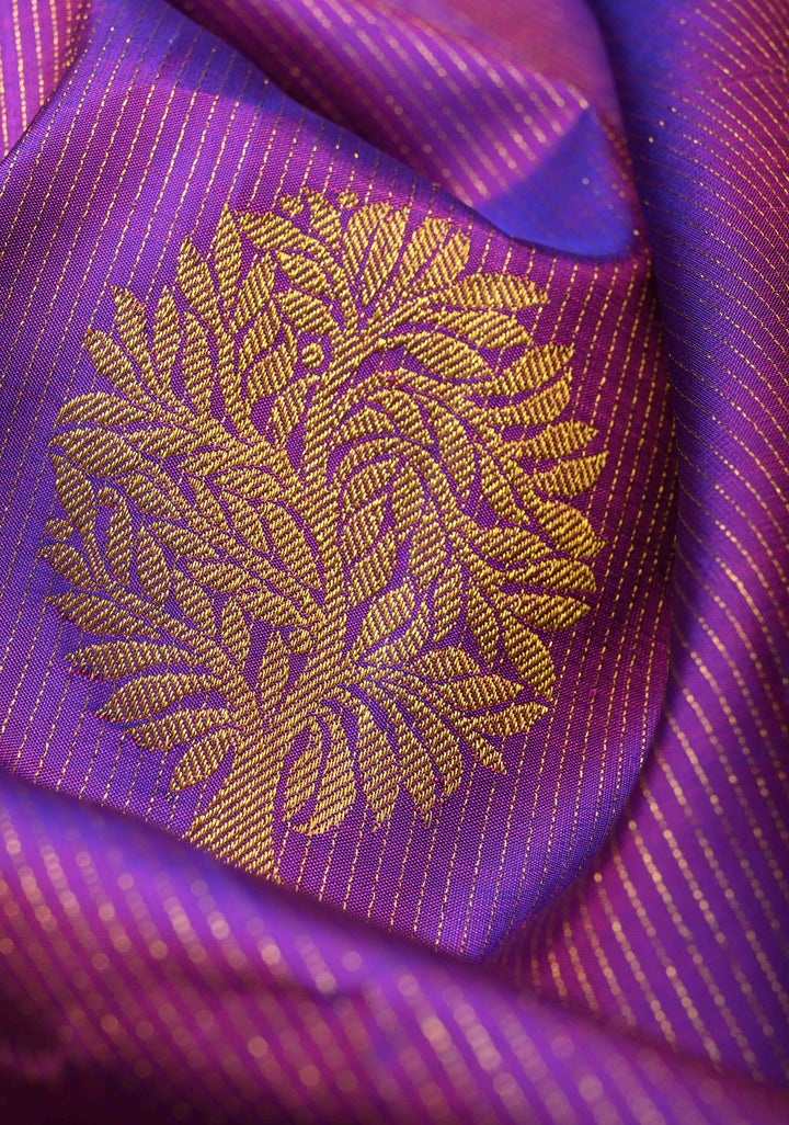 Purple Dual tone Vairaoosi Zari Stripes on Pure Kanjivaram Silk Handloom Saree with Tree Buttas and Zari Border  | SILK MARK CERTIFIED