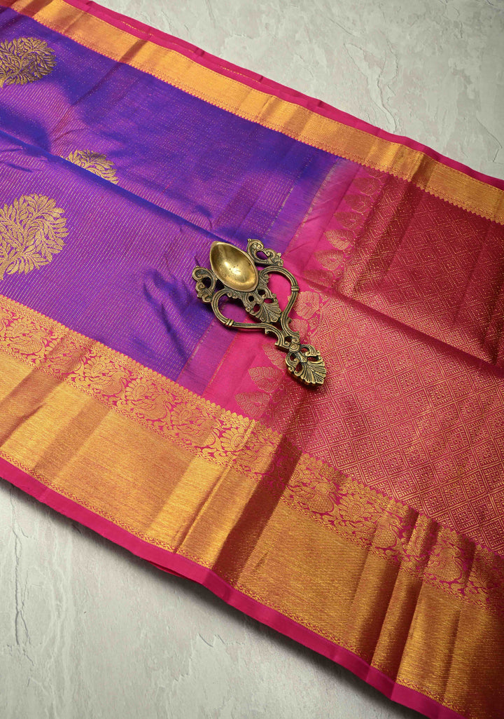 Purple Dual tone Vairaoosi Zari Stripes on Pure Kanjivaram Silk Handloom Saree with Tree Buttas and Zari Border  | SILK MARK CERTIFIED