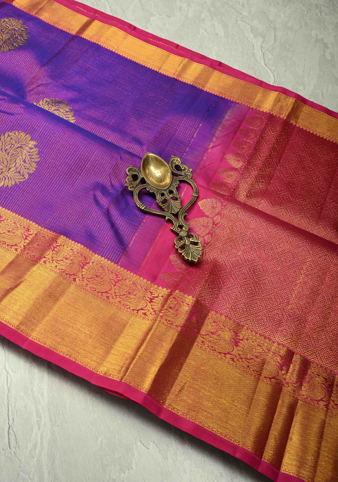 Purple Dual tone Vairaoosi Zari Stripes on Pure Kanjivaram Silk Handloom Saree with Tree Buttas and Zari Border  | SILK MARK CERTIFIED