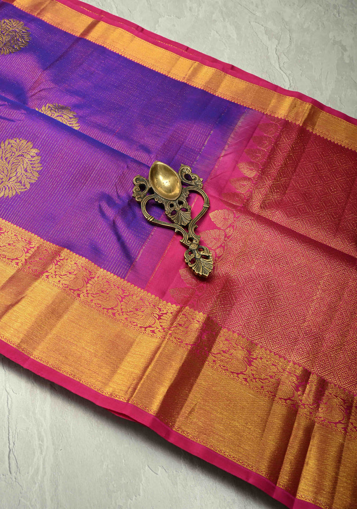 Purple Dual tone Vairaoosi Zari Stripes on Pure Kanjivaram Silk Handloom Saree with Tree Buttas and Zari Border  | SILK MARK CERTIFIED