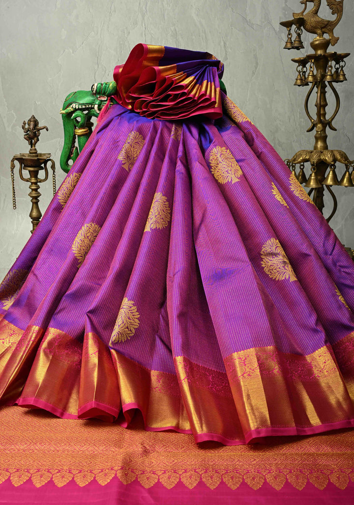 Purple Dual tone Vairaoosi Zari Stripes on Pure Kanjivaram Silk Handloom Saree with Tree Buttas and Zari Border  | SILK MARK CERTIFIED
