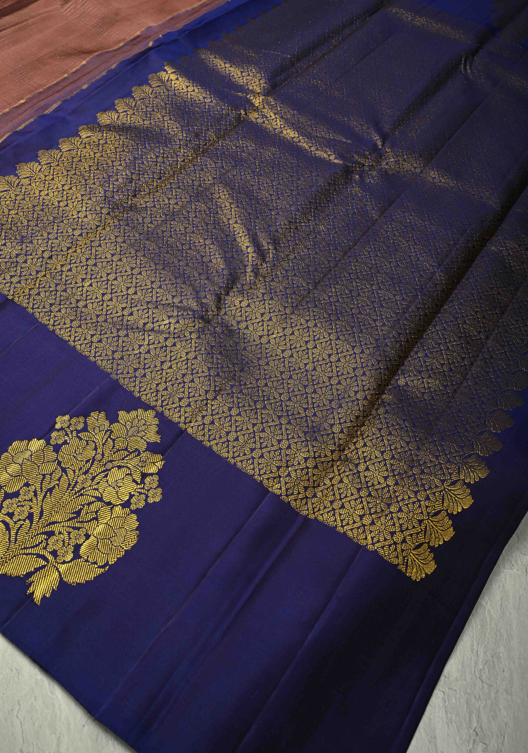 Dusty Rose Pure Kanjivaram Silk Handloom Saree with Vairaoosi Zari Stripes and Distinct Floral Motifs on Contrast Border  | SILK MARK CERTIFIED