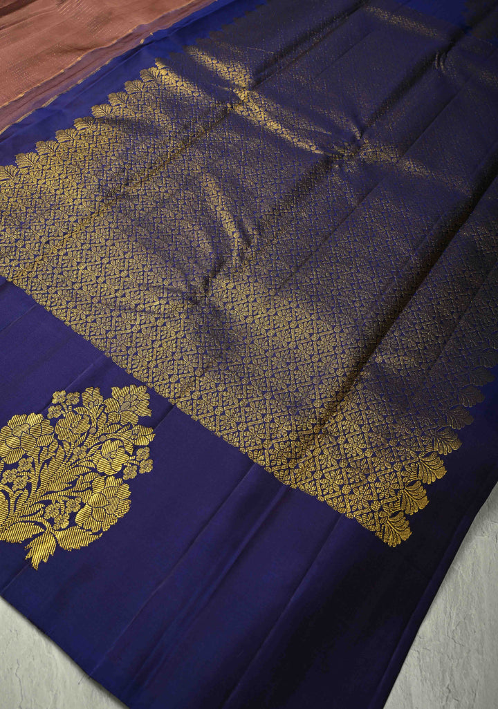 Dusty Rose Pure Kanjivaram Silk Handloom Saree with Vairaoosi Zari Stripes and Distinct Floral Motifs on Contrast Border  | SILK MARK CERTIFIED