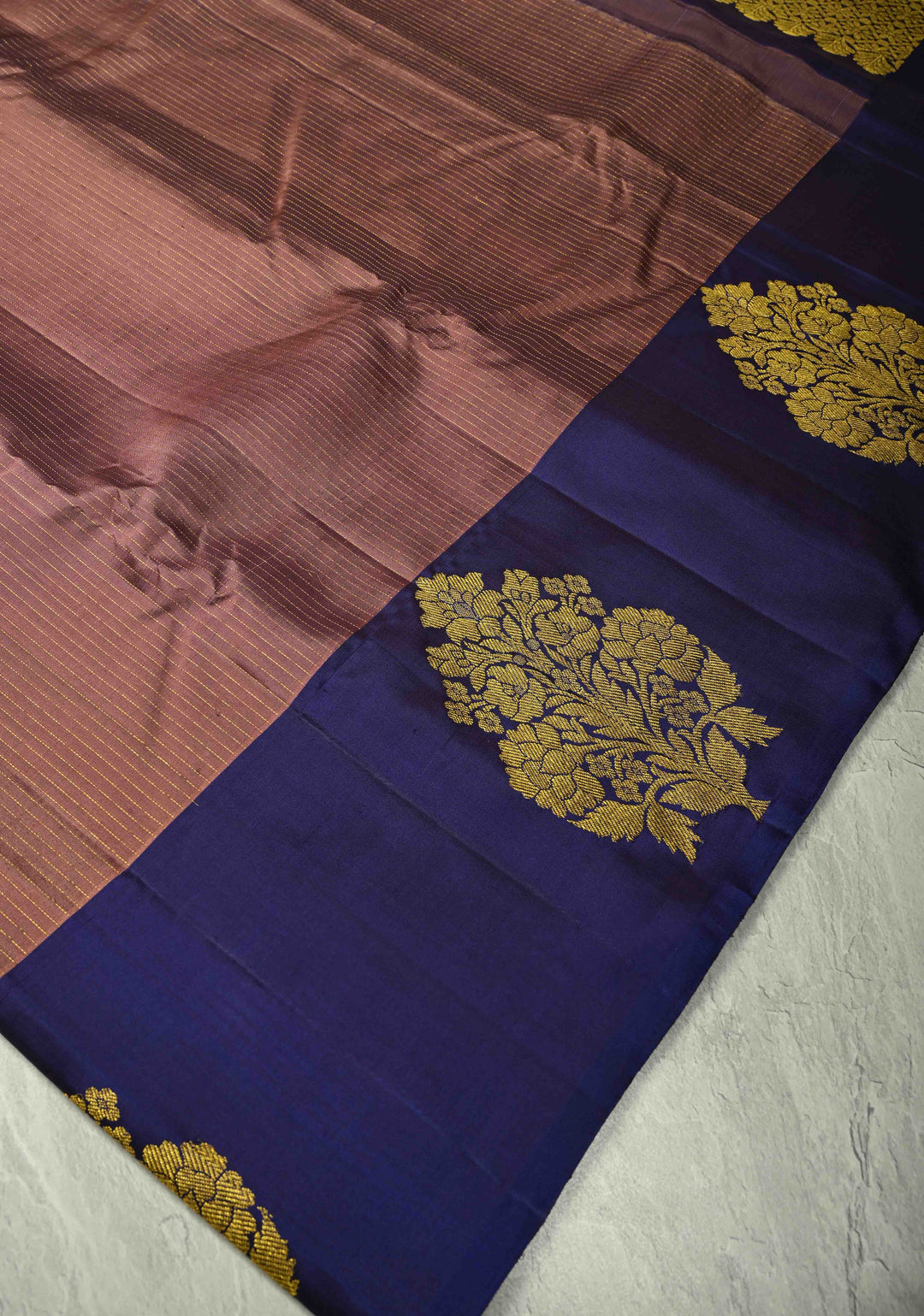 Dusty Rose Pure Kanjivaram Silk Handloom Saree with Vairaoosi Zari Stripes and Distinct Floral Motifs on Contrast Border  | SILK MARK CERTIFIED