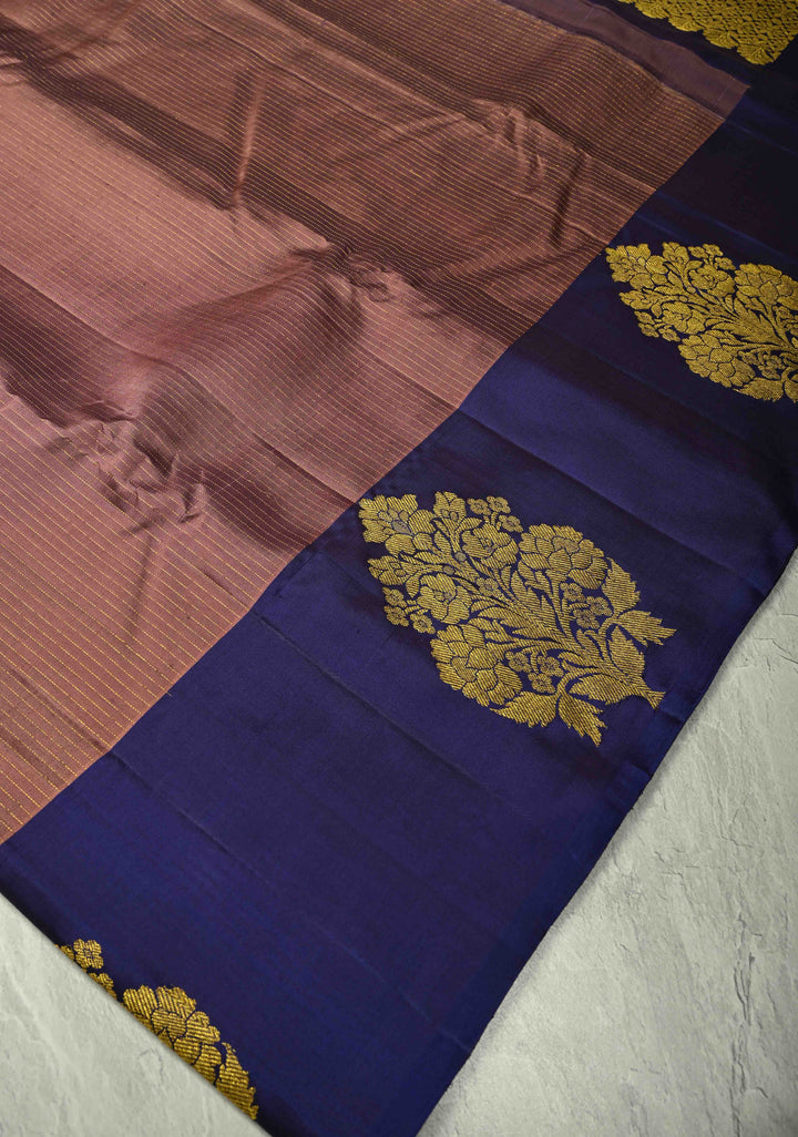 Dusty Rose Pure Kanjivaram Silk Handloom Saree with Vairaoosi Zari Stripes and Distinct Floral Motifs on Contrast Border  | SILK MARK CERTIFIED