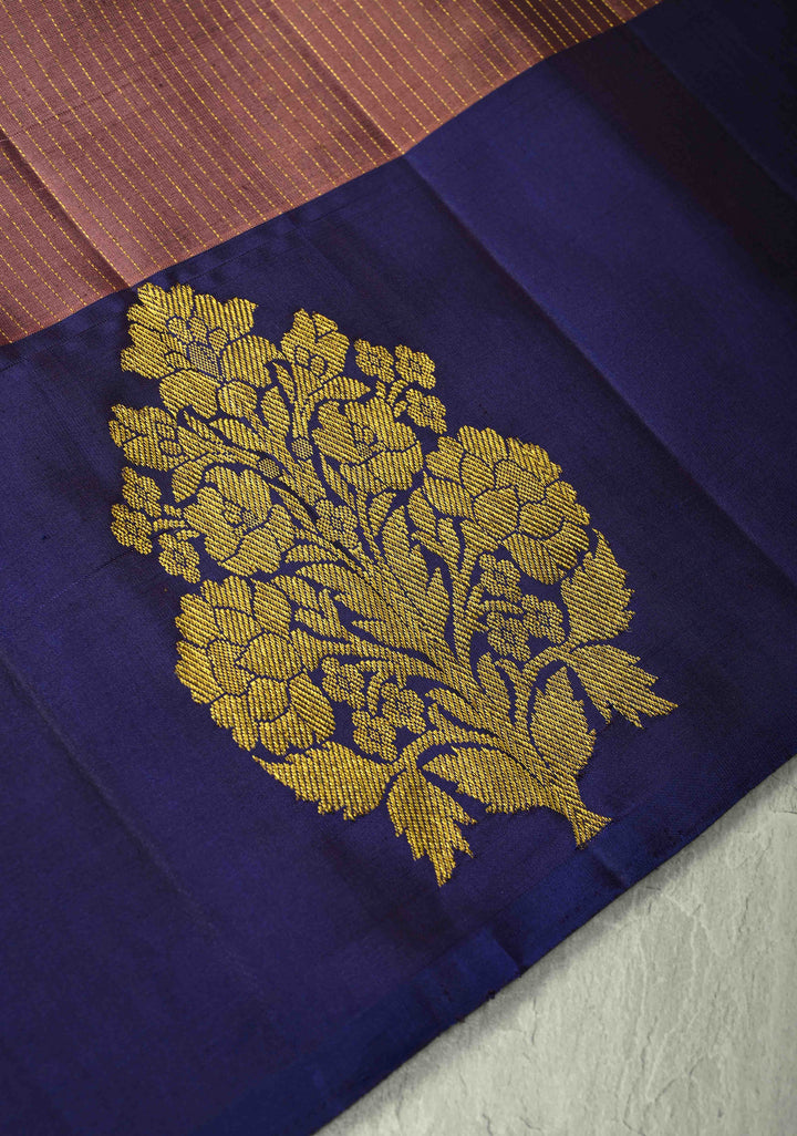 Dusty Rose Pure Kanjivaram Silk Handloom Saree with Vairaoosi Zari Stripes and Distinct Floral Motifs on Contrast Border  | SILK MARK CERTIFIED