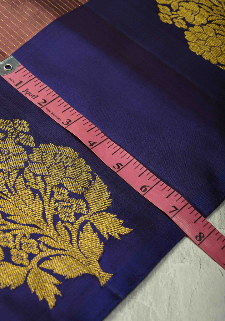 Dusty Rose Pure Kanjivaram Silk Handloom Saree with Vairaoosi Zari Stripes and Distinct Floral Motifs on Contrast Border  | SILK MARK CERTIFIED