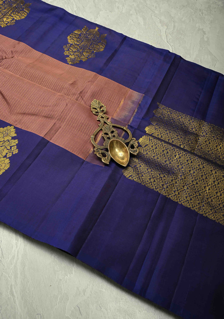 Dusty Rose Pure Kanjivaram Silk Handloom Saree with Vairaoosi Zari Stripes and Distinct Floral Motifs on Contrast Border  | SILK MARK CERTIFIED