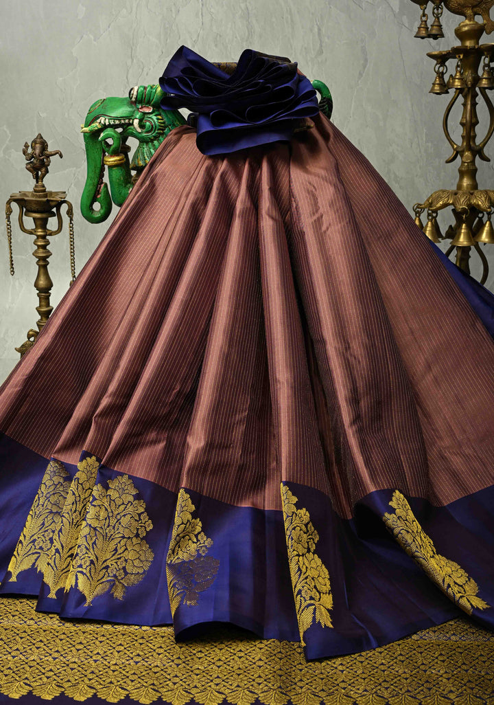 Dusty Rose Pure Kanjivaram Silk Handloom Saree with Vairaoosi Zari Stripes and Distinct Floral Motifs on Contrast Border  | SILK MARK CERTIFIED