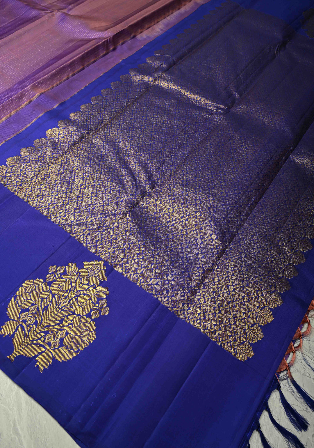 Lavender Dual tone Pure Kanjivaram Silk Handloom Saree with Vairaoosi Zari Stripes and Distinct Floral Motifs on Contrast Border  | SILK MARK CERTIFIED