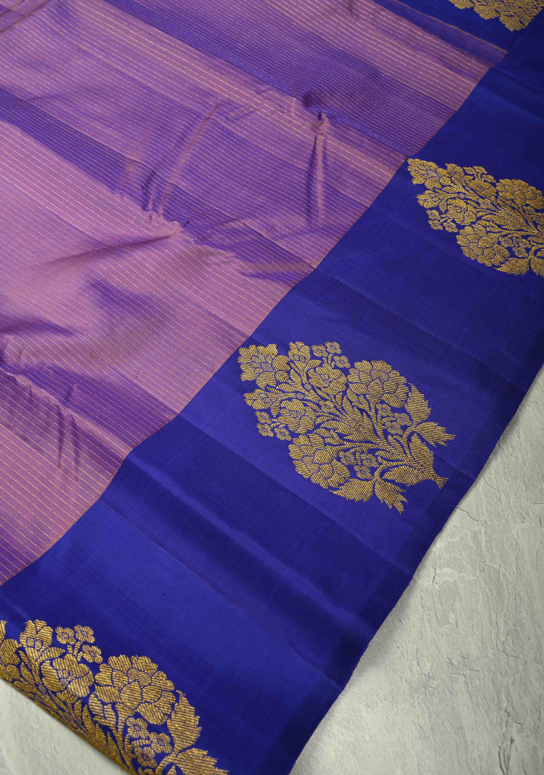 Lavender Dual tone Pure Kanjivaram Silk Handloom Saree with Vairaoosi Zari Stripes and Distinct Floral Motifs on Contrast Border  | SILK MARK CERTIFIED