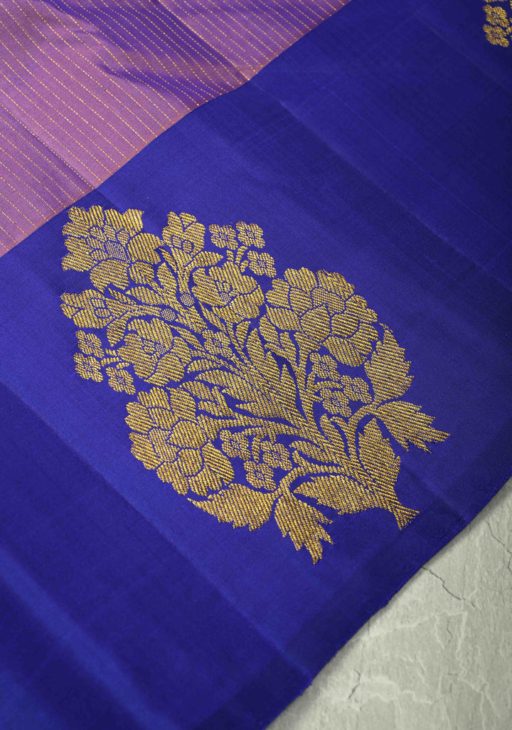 Lavender Dual tone Pure Kanjivaram Silk Handloom Saree with Vairaoosi Zari Stripes and Distinct Floral Motifs on Contrast Border  | SILK MARK CERTIFIED
