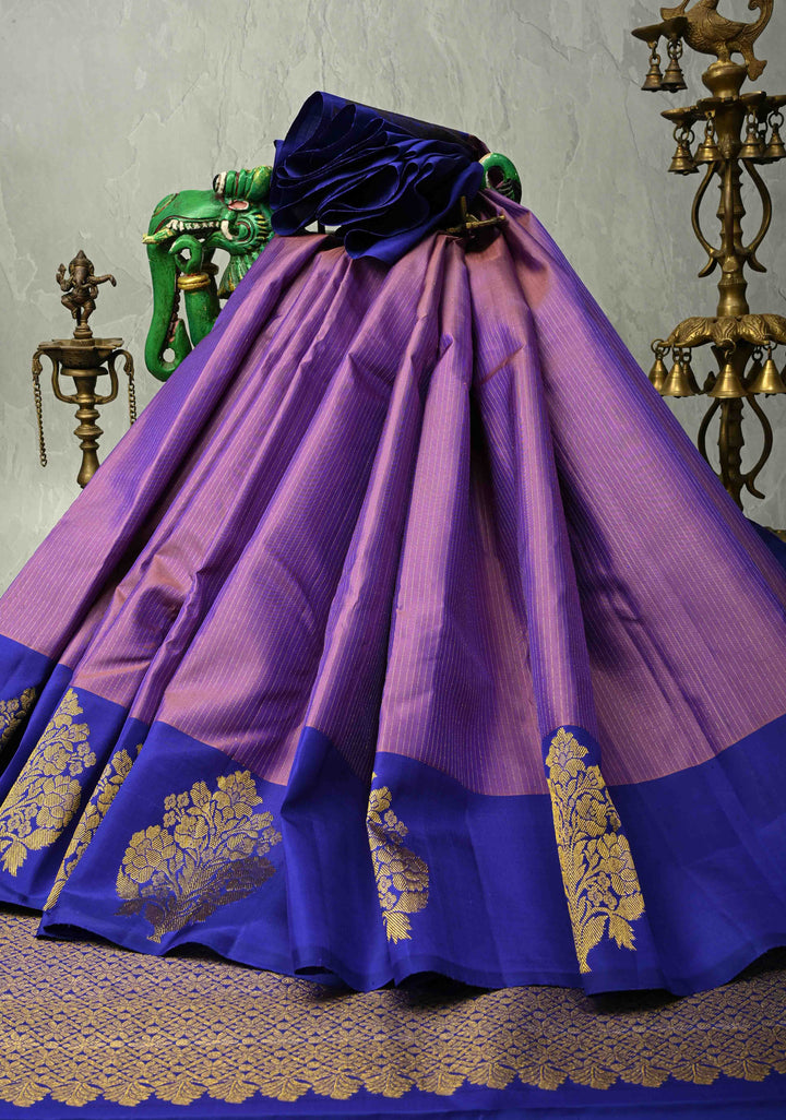 Lavender Dual tone Pure Kanjivaram Silk Handloom Saree with Vairaoosi Zari Stripes and Distinct Floral Motifs on Contrast Border  | SILK MARK CERTIFIED