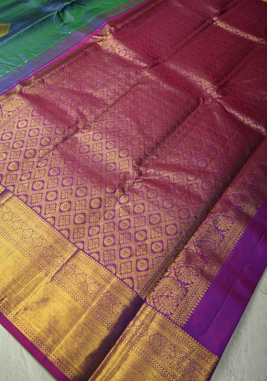 Peacock Blue Dual Tone Vairaoosi Zari Stripes on Pure Kanjivaram Silk Handloom Saree with Damask Buttas and Zari Border  | SILK MARK CERTIFIED