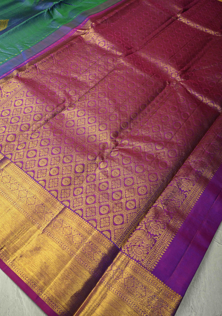 Peacock Blue Dual Tone Vairaoosi Zari Stripes on Pure Kanjivaram Silk Handloom Saree with Damask Buttas and Zari Border  | SILK MARK CERTIFIED