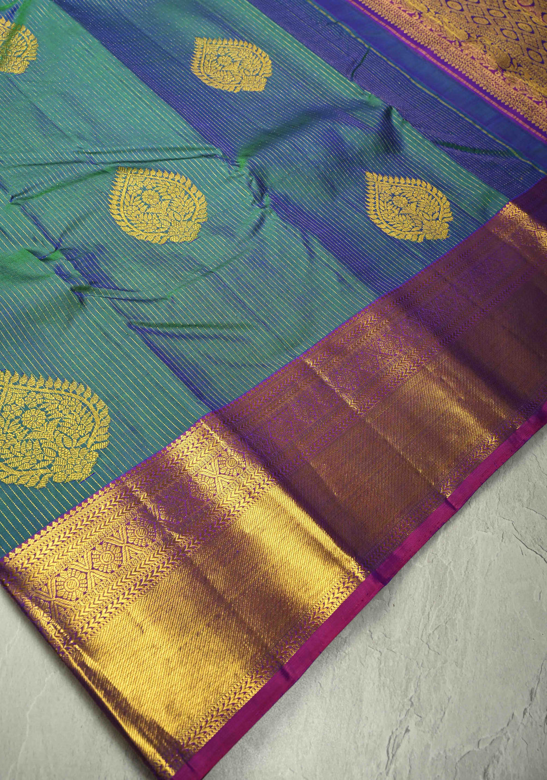 Peacock Blue Dual Tone Vairaoosi Zari Stripes on Pure Kanjivaram Silk Handloom Saree with Damask Buttas and Zari Border  | SILK MARK CERTIFIED