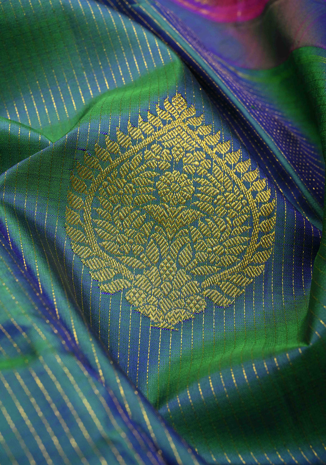 Peacock Blue Dual Tone Vairaoosi Zari Stripes on Pure Kanjivaram Silk Handloom Saree with Damask Buttas and Zari Border  | SILK MARK CERTIFIED