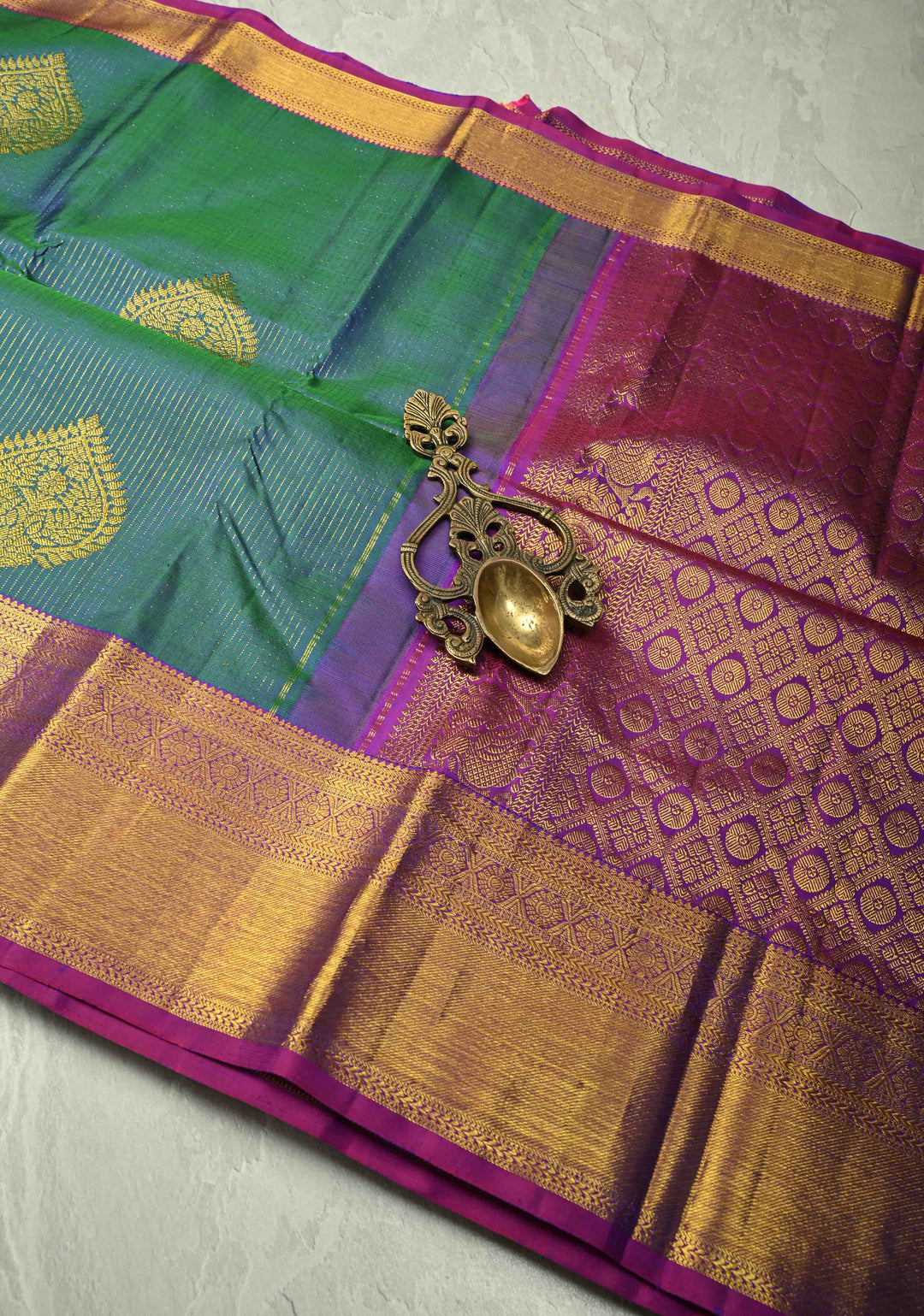 Peacock Blue Dual Tone Vairaoosi Zari Stripes on Pure Kanjivaram Silk Handloom Saree with Damask Buttas and Zari Border  | SILK MARK CERTIFIED