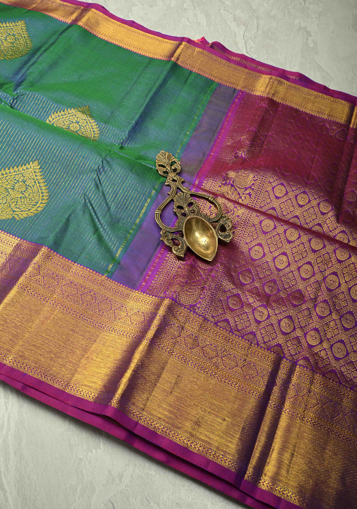 Peacock Blue Dual Tone Vairaoosi Zari Stripes on Pure Kanjivaram Silk Handloom Saree with Damask Buttas and Zari Border  | SILK MARK CERTIFIED