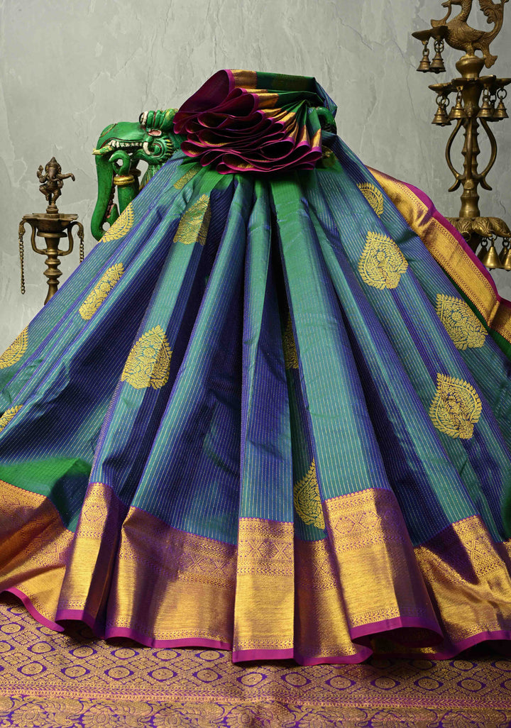 Peacock Blue Dual Tone Vairaoosi Zari Stripes on Pure Kanjivaram Silk Handloom Saree with Damask Buttas and Zari Border  | SILK MARK CERTIFIED