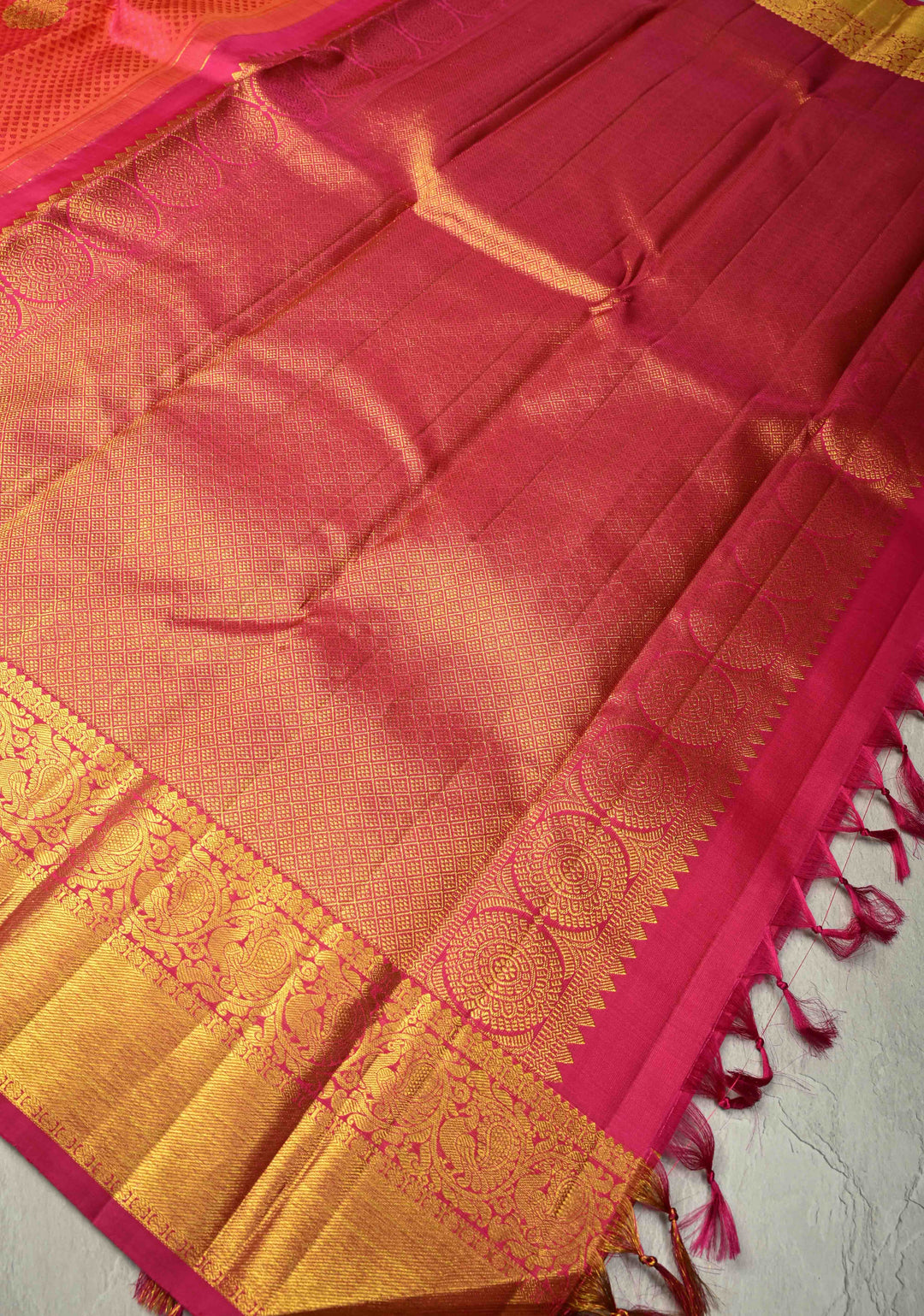 Orange-Pink Dual tone Self Brocade on Kanjivaram Pure Silk Saree with Paisley Buttas and Zari Border | SILK MARK CERTIFIED