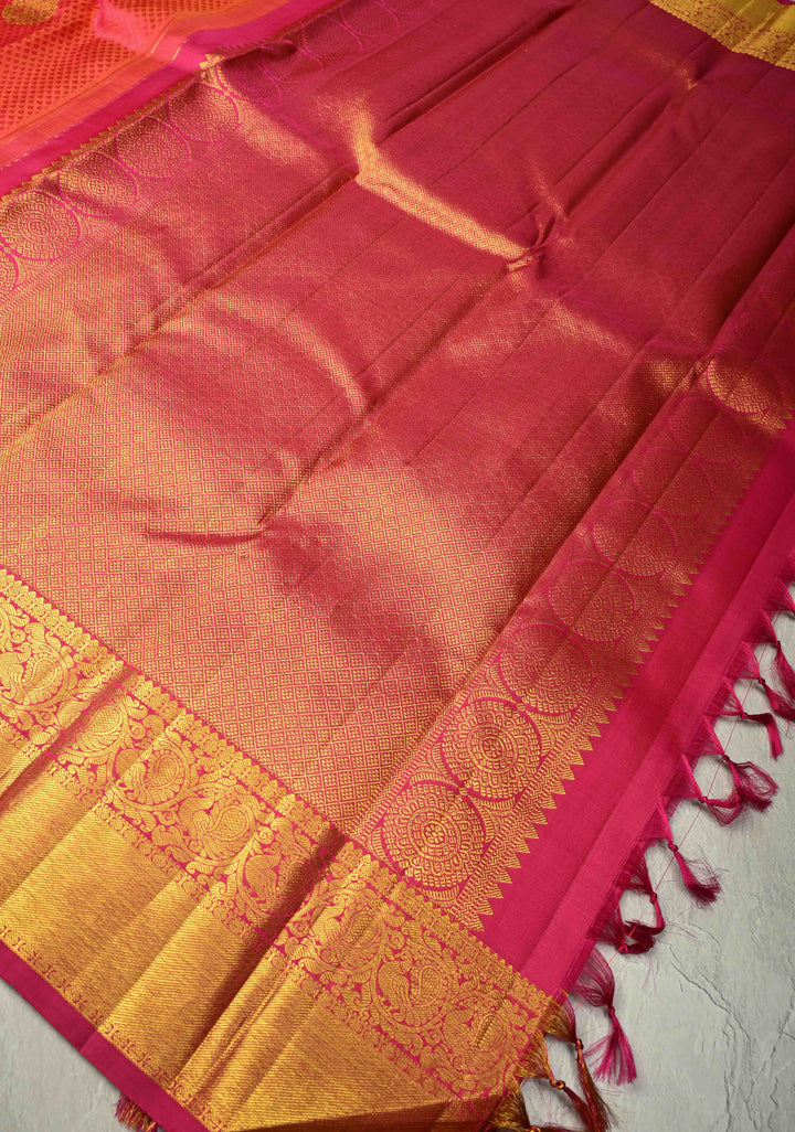 Orange-Pink Dual tone Self Brocade on Kanjivaram Pure Silk Saree with Paisley Buttas and Zari Border | SILK MARK CERTIFIED