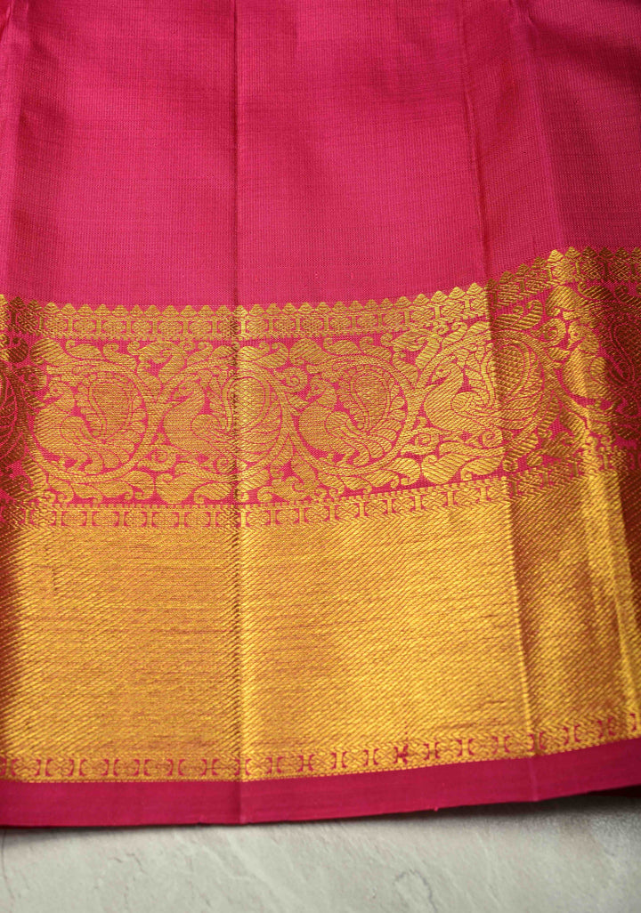 Orange-Pink Dual tone Self Brocade on Kanjivaram Pure Silk Saree with Paisley Buttas and Zari Border | SILK MARK CERTIFIED