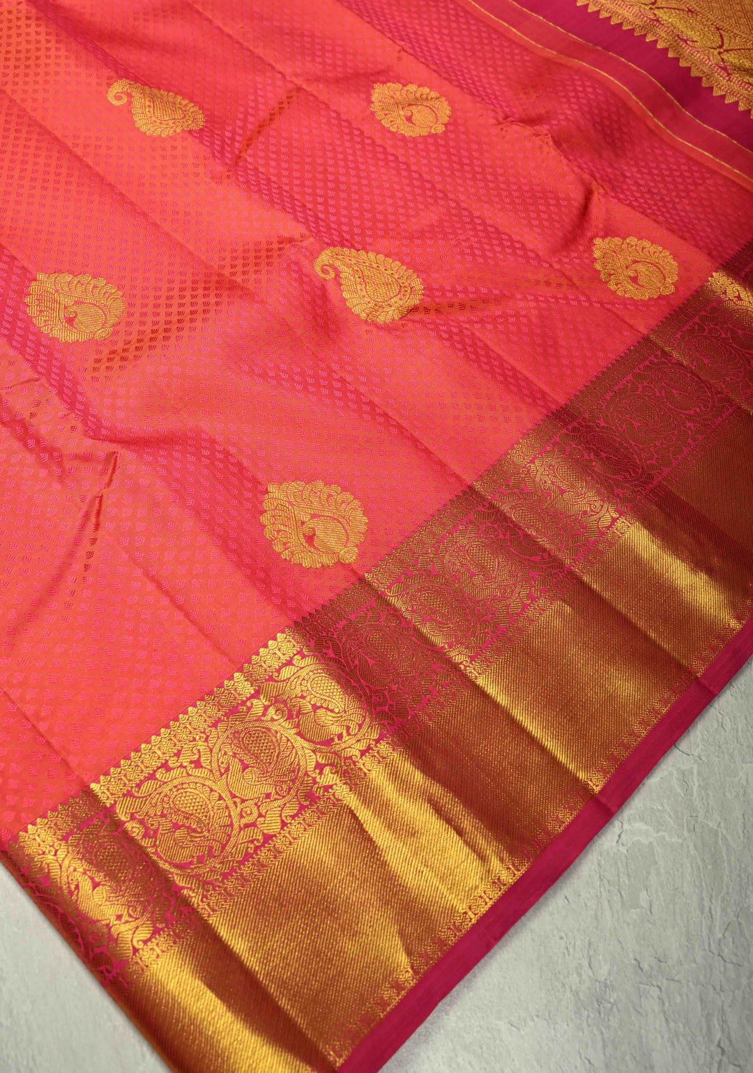 Orange-Pink Dual tone Self Brocade on Kanjivaram Pure Silk Saree with Paisley Buttas and Zari Border | SILK MARK CERTIFIED