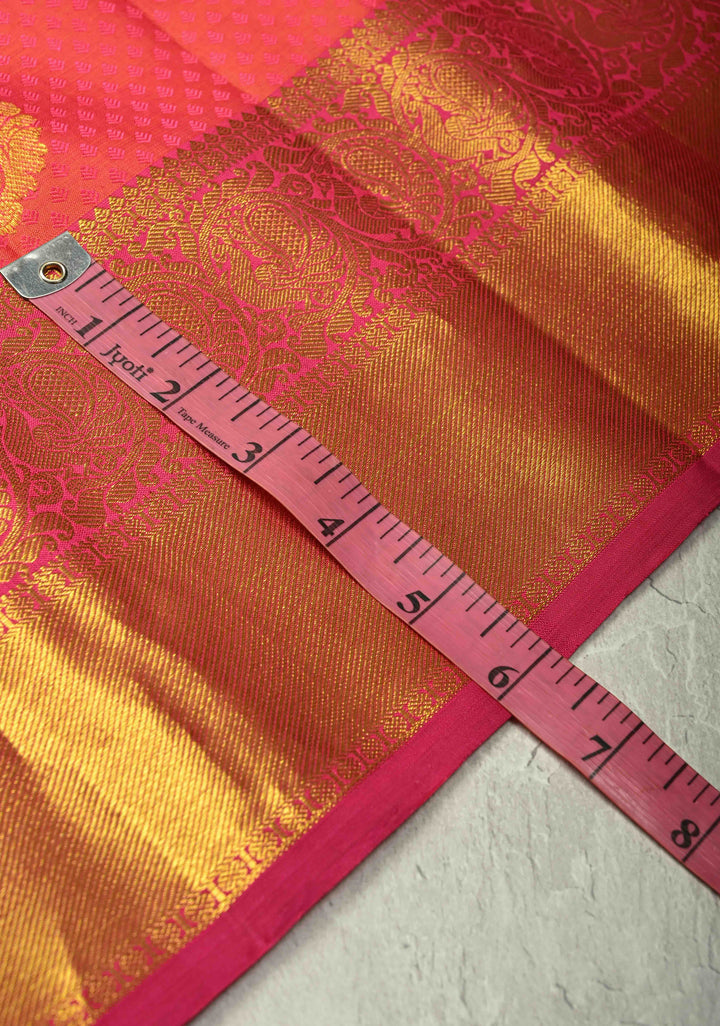 Orange-Pink Dual tone Self Brocade on Kanjivaram Pure Silk Saree with Paisley Buttas and Zari Border | SILK MARK CERTIFIED