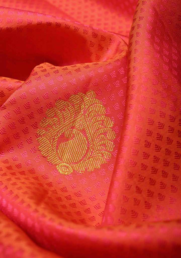 Orange-Pink Dual tone Self Brocade on Kanjivaram Pure Silk Saree with Paisley Buttas and Zari Border | SILK MARK CERTIFIED