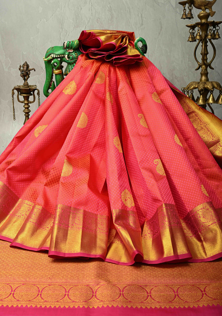 Orange-Pink Dual tone Self Brocade on Kanjivaram Pure Silk Saree with Paisley Buttas and Zari Border | SILK MARK CERTIFIED