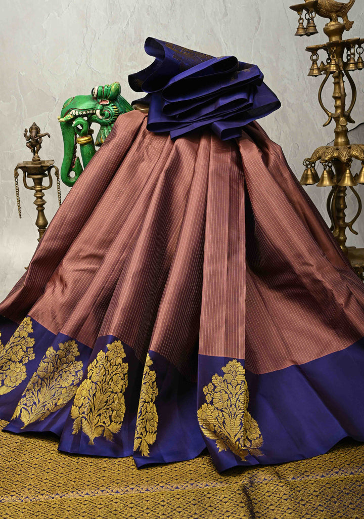 Old Rose Pure Kanjivaram Silk Handloom Saree with Vairaoosi Zari Stripes and Distinct Floral Motifs on Contrast Border | SILK MARK CERTIFIED
