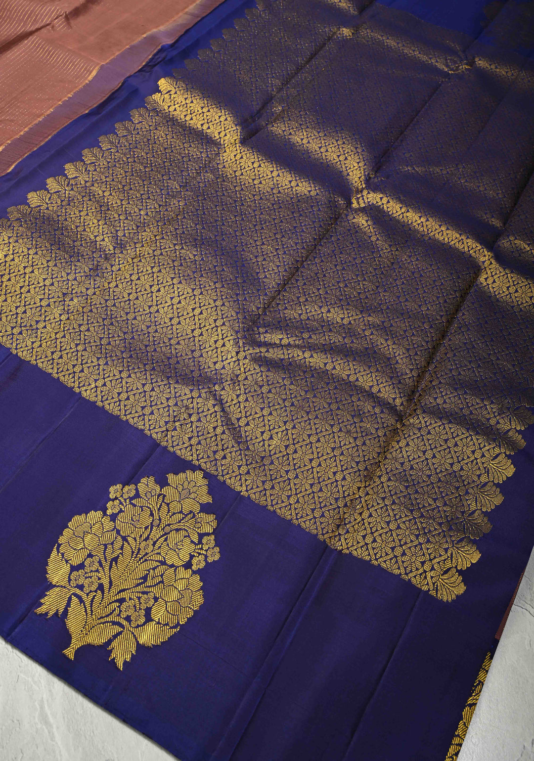 Old Rose Pure Kanjivaram Silk Handloom Saree with Vairaoosi Zari Stripes and Distinct Floral Motifs on Contrast Border | SILK MARK CERTIFIED