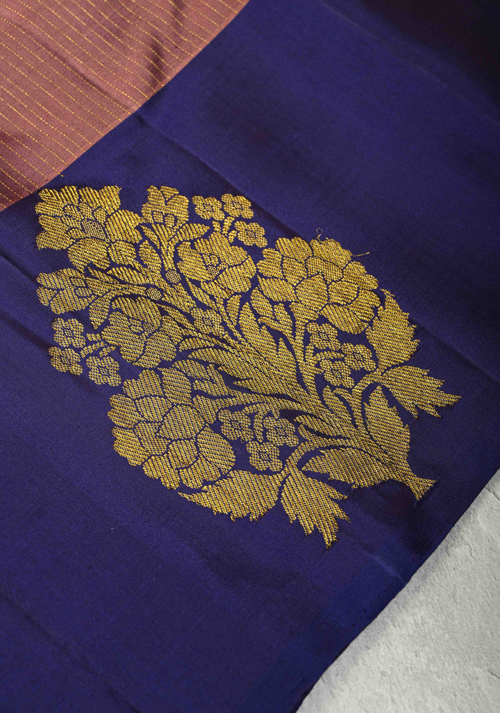 Old Rose Pure Kanjivaram Silk Handloom Saree with Vairaoosi Zari Stripes and Distinct Floral Motifs on Contrast Border | SILK MARK CERTIFIED