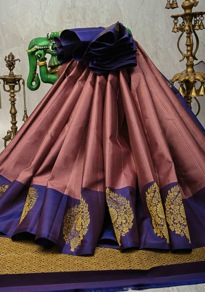 Old Rose Pure Kanjivaram Silk Handloom Saree with Vairaoosi Zari Stripes and Distinct Floral Motifs on Contrast Border | SILK MARK CERTIFIED