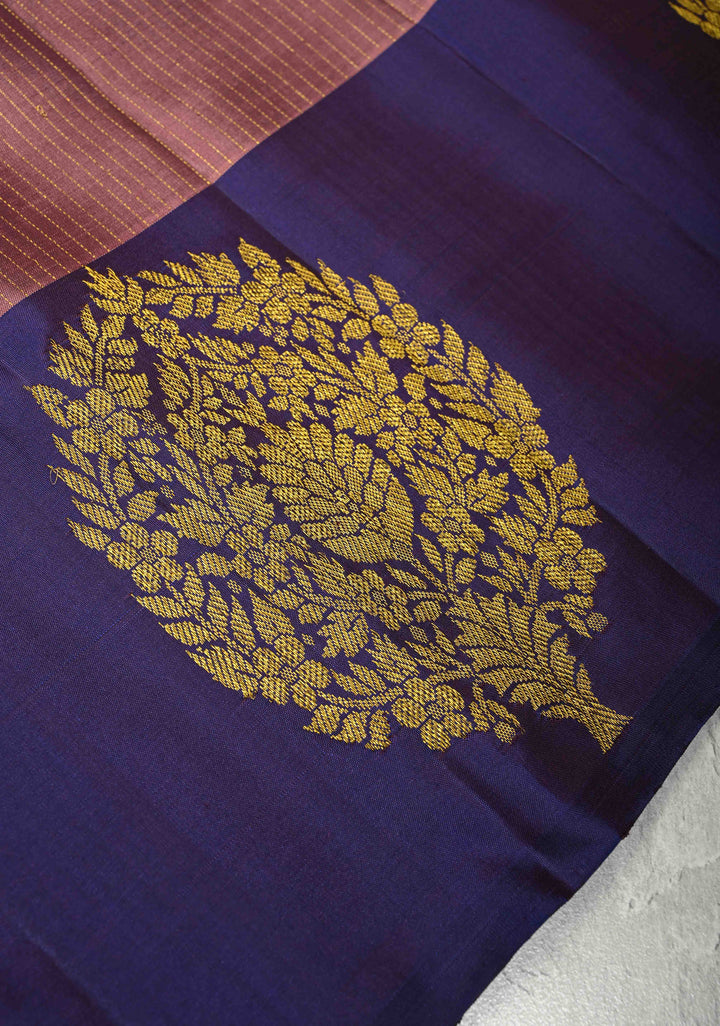 Old Rose Pure Kanjivaram Silk Handloom Saree with Vairaoosi Zari Stripes and Distinct Floral Motifs on Contrast Border | SILK MARK CERTIFIED