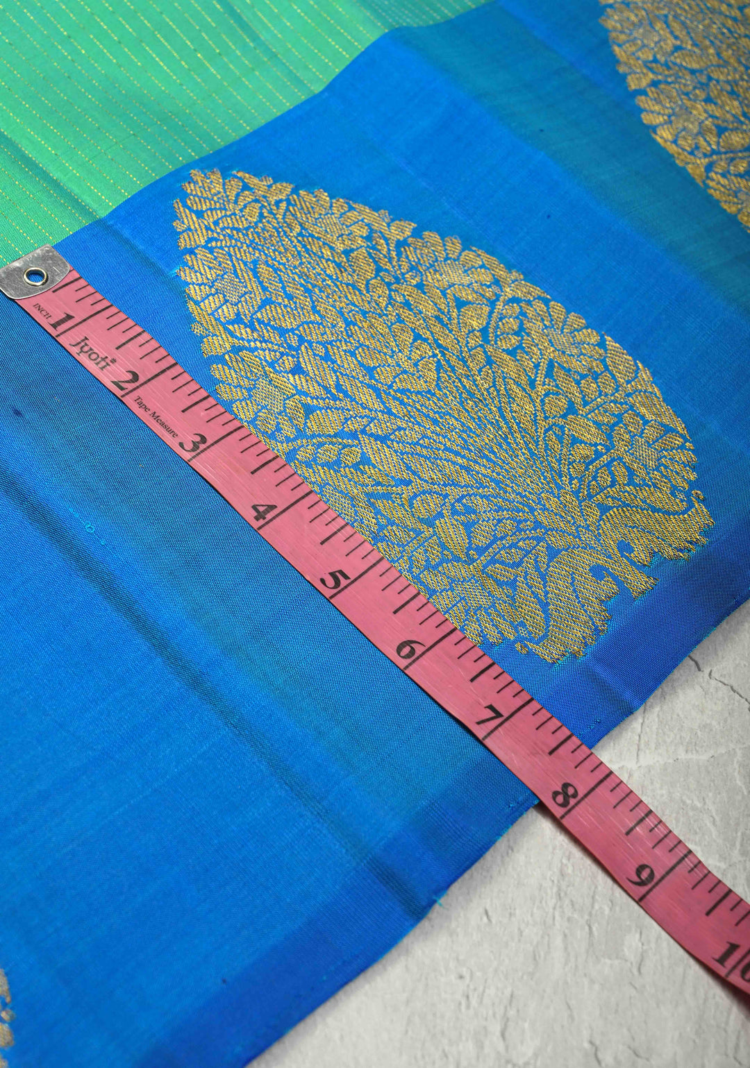 Green-Blue Dual Tone Pure Kanjivaram Silk Handloom Saree with Vairaoosi Zari Stripes and Distinct Floral Motifs on Contrast Border | SILK MARK CERTIFIED