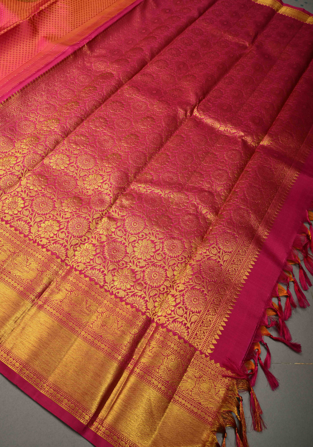 Pink-Orange Dual tone Self Brocade on Kanjivaram Pure Silk Saree with Zari Buttas and Zari Border | SILK MARK CERTIFIED | SHOBITAM