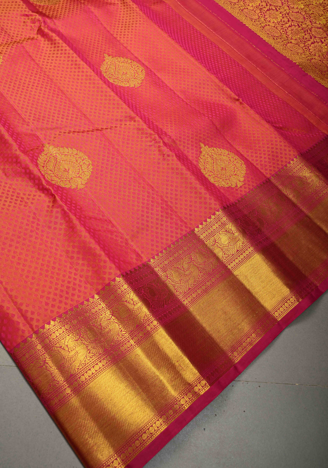 Pink-Orange Dual tone Self Brocade on Kanjivaram Pure Silk Saree with Zari Buttas and Zari Border | SILK MARK CERTIFIED | SHOBITAM
