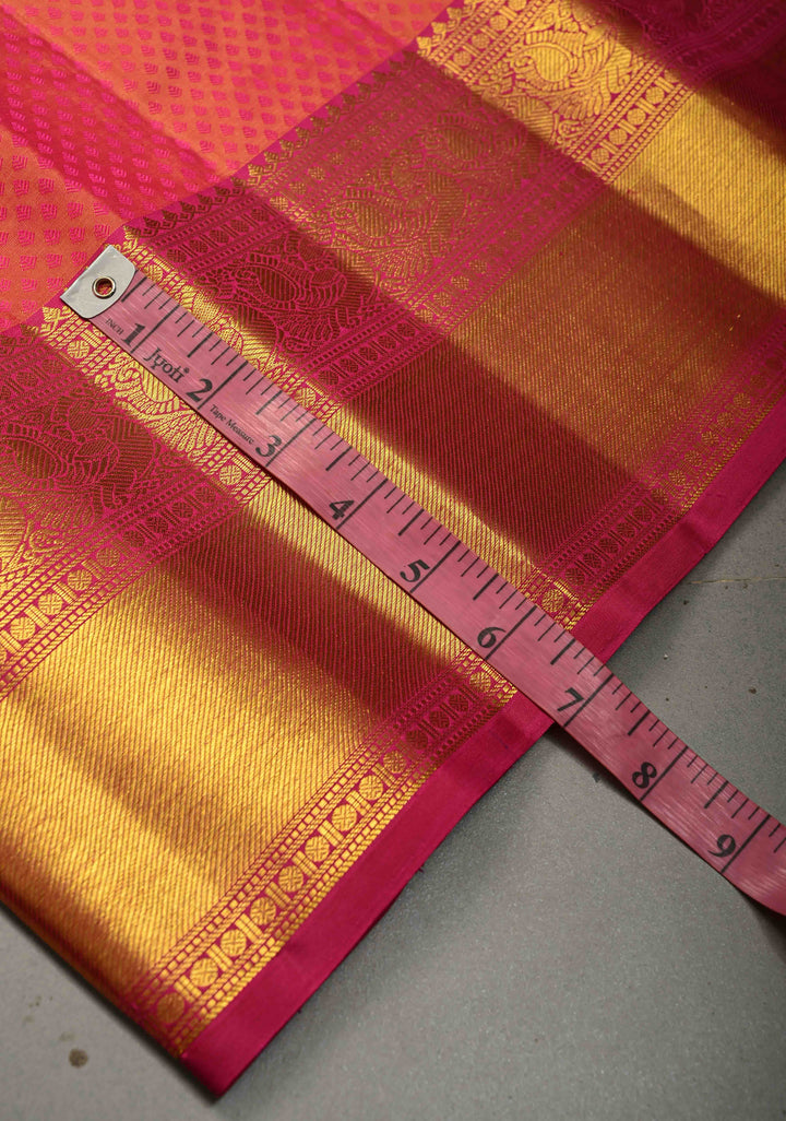 Pink-Orange Dual tone Self Brocade on Kanjivaram Pure Silk Saree with Zari Buttas and Zari Border | SILK MARK CERTIFIED | SHOBITAM