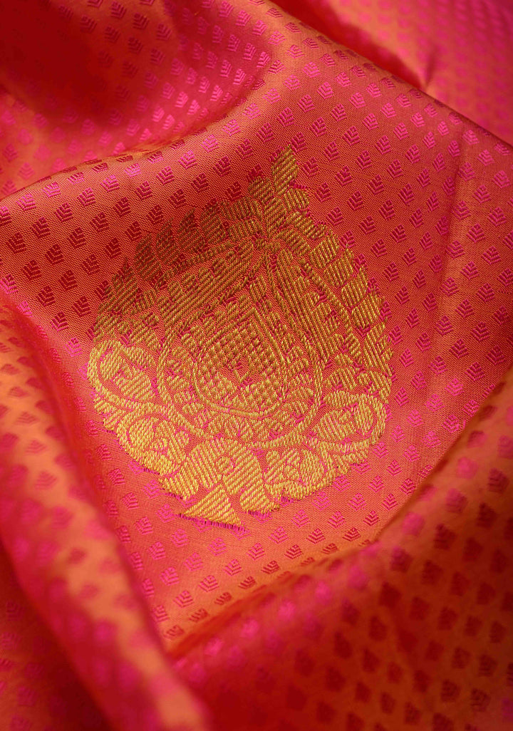 Pink-Orange Dual tone Self Brocade on Kanjivaram Pure Silk Saree with Zari Buttas and Zari Border | SILK MARK CERTIFIED | SHOBITAM