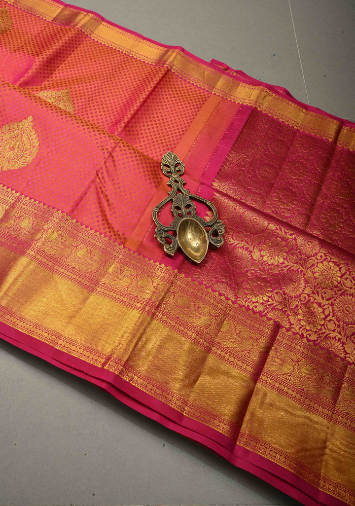 Pink-Orange Dual tone Self Brocade on Kanjivaram Pure Silk Saree with Zari Buttas and Zari Border | SILK MARK CERTIFIED | SHOBITAM