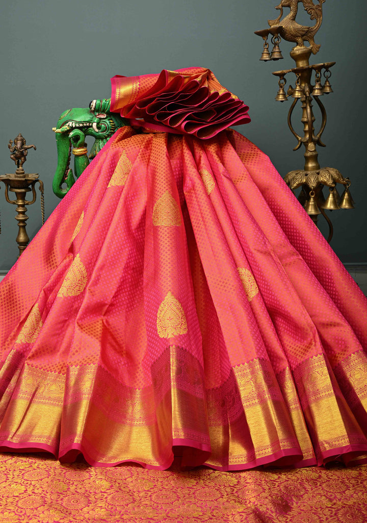 Pink-Orange Dual tone Self Brocade on Kanjivaram Pure Silk Saree with Zari Buttas and Zari Border | SILK MARK CERTIFIED | SHOBITAM