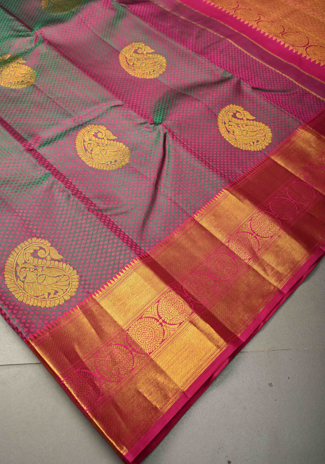 Magenta-Emerald Green Dual Tone Self Brocade on Pure Kanjivaram Saree with Paisley Motifs and Zari Border | SILK MARK CERTIFIED