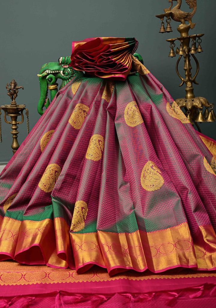 Magenta-Emerald Green Dual Tone Self Brocade on Pure Kanjivaram Saree with Paisley Motifs and Zari Border | SILK MARK CERTIFIED