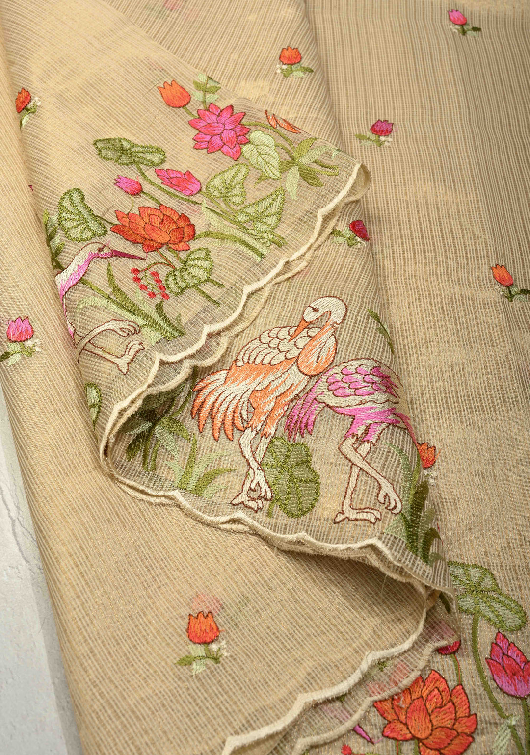 Cream Meenakari Embroidery on Kota Doria Tissue Cotton Saree with Scallop Border