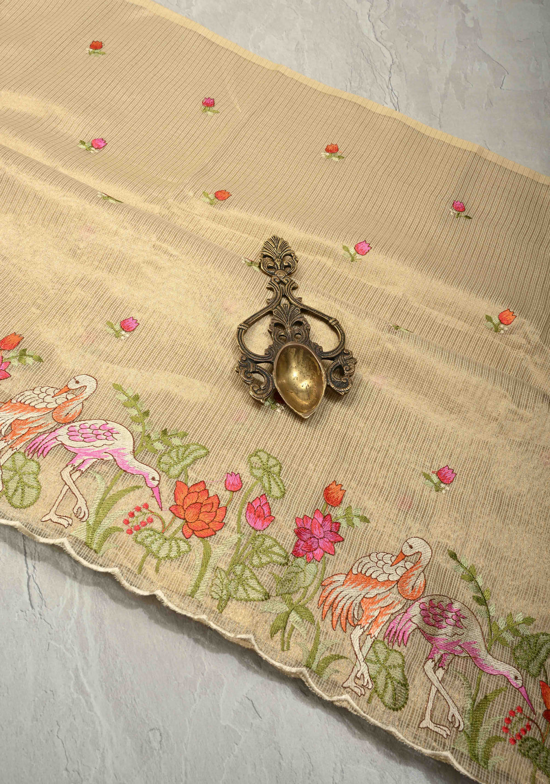 Cream Meenakari Embroidery on Kota Doria Tissue Cotton Saree with Scallop Border