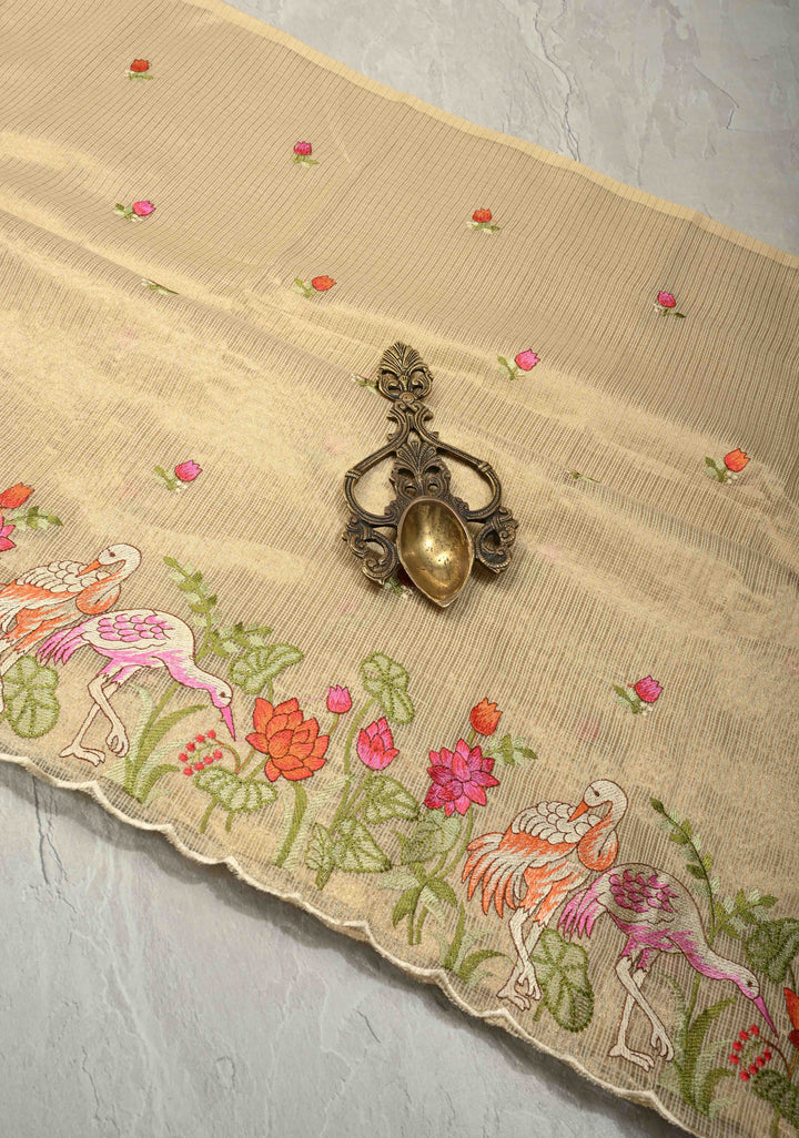Cream Meenakari Embroidery on Kota Doria Tissue Cotton Saree with Scallop Border