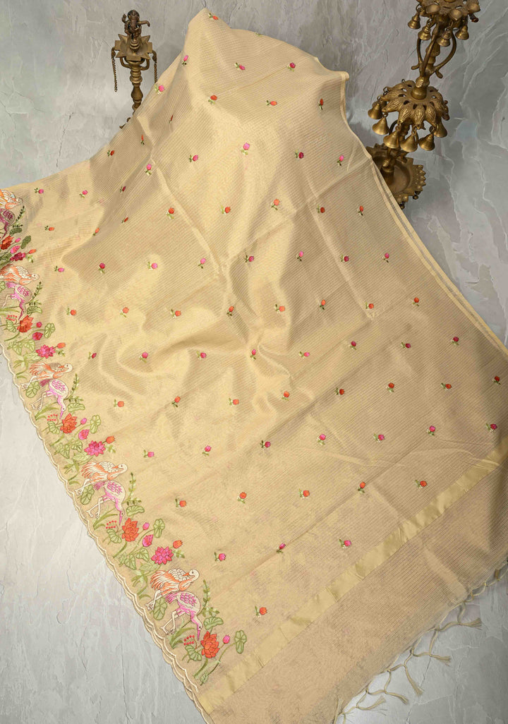 Cream Meenakari Embroidery on Kota Doria Tissue Cotton Saree with Scallop Border