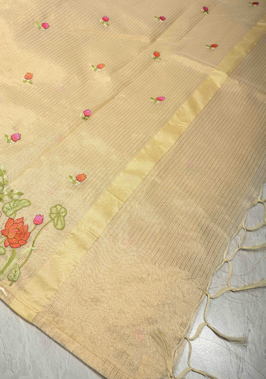 Cream Meenakari Embroidery on Kota Doria Tissue Cotton Saree with Scallop Border